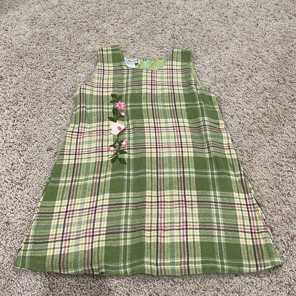Dolci Momenti girls plaid a-line dress with Embroidered and faux suede flowers